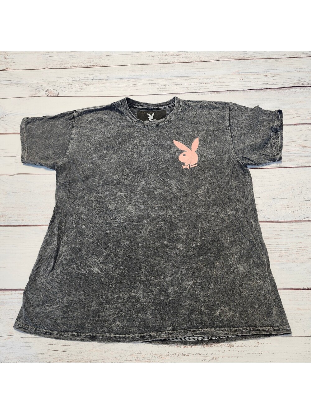 Playboy Black Acid Wash T-Shirt with Pink Logo Size Men's Large